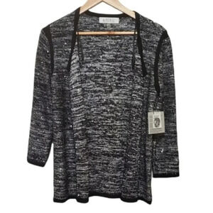 Kasper Sequins Open Front Cardigan Sweater Black Silver Metallic Knit NWT Size S